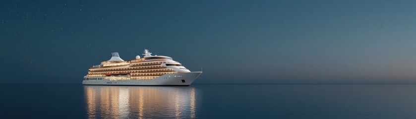 A luxurious cruise ship glides through calm waters under a serene evening sky.