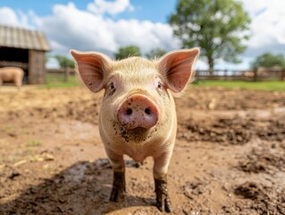 A playful pig looking curiously in a muddy farmyard under a clear blue sky.