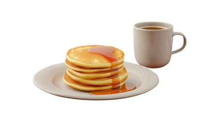 Breakfast Delight: A stack of fluffy pancakes, drizzled with golden syrup, sits invitingly alongside a warm mug of coffee, a perfect start to the day. The image captures the essence of comfort food.
