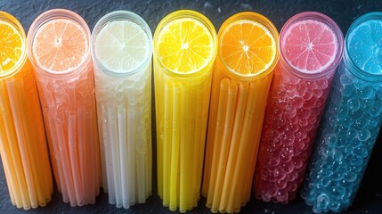 A colorful display of drinks in tall glasses, garnished with citrus slices.