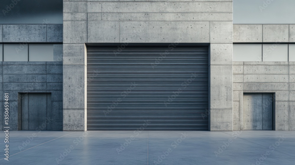 Poster modern concrete building with large roll-up door and two smaller doors.
