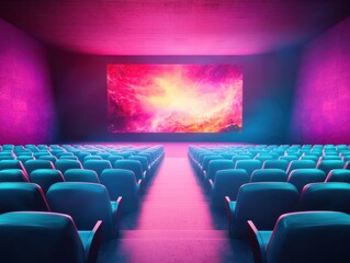Fototapeta premium A vibrant cinema hall with colorful lighting and empty seats waiting for viewers.