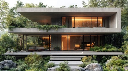 Fototapeta premium Modern concrete house nestled in lush greenery, showcasing expansive windows and a spacious deck.