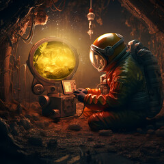 Retro space explorer discovering an alien artifact