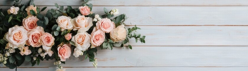 Obraz premium Beautiful pink roses arranged elegantly against a soft wooden background.