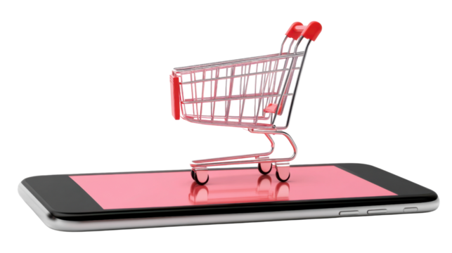 Digital Shopping: A minimalist, yet impactful visual of a shopping cart balanced atop a smartphone, representing the evolution of commerce