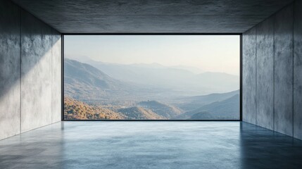 Modern concrete room with panoramic mountain view through large window.
