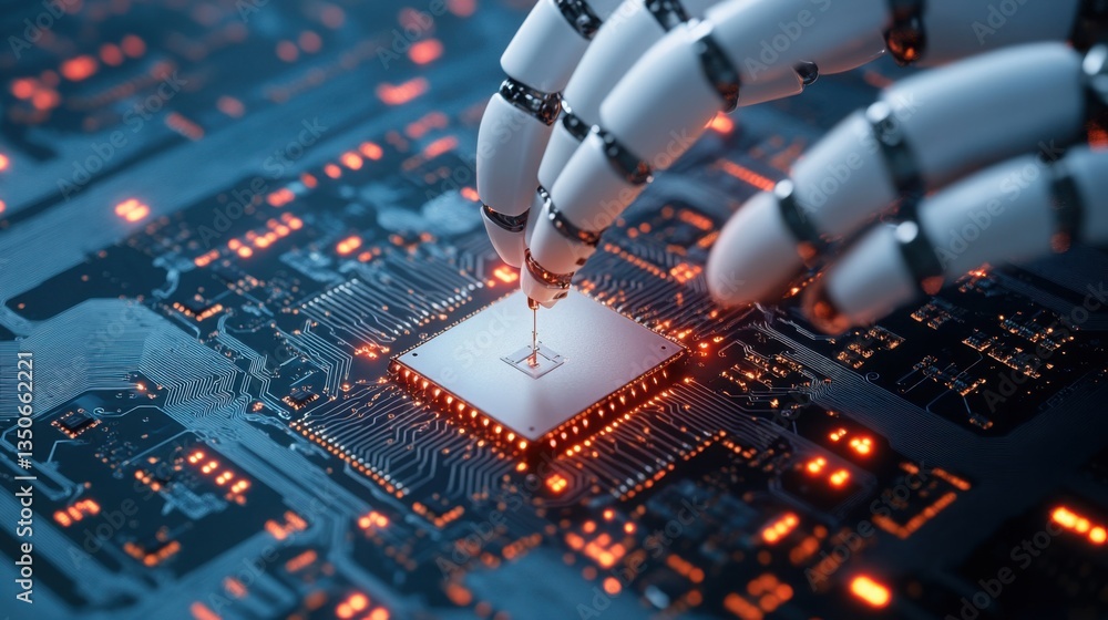 Poster Robotic Hands Assembling Microchip on Circuit Board Close Up