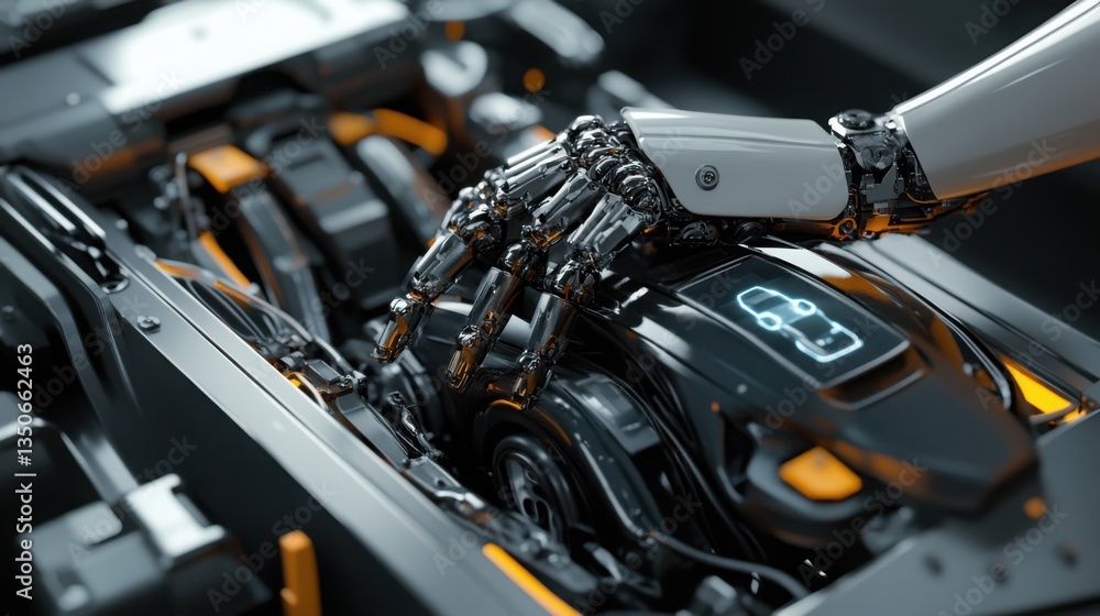 Poster close-up of industrial robotic hands assembling engine components