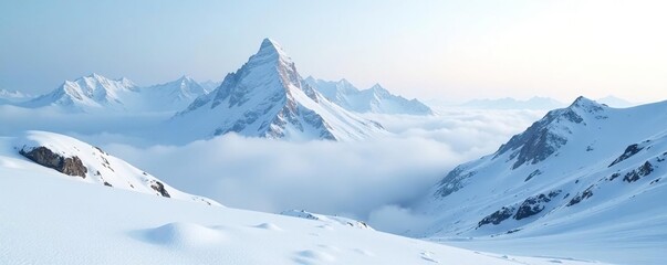 Naklejka premium A foggy mountain peaks rise from the snowy white terrain, landscape, isolated