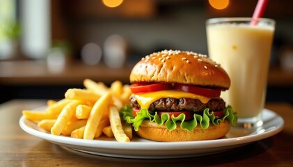 Close up of greasy burger, fries, and milkshake on white , meat, cheese, high calorie