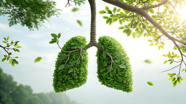Conceptual image human lungs made of green leaves, trees lungs of the planet, fresh breath, ecology, clean energy, modern design, magazine style. Copy space, 3D illustration, 3D rendering