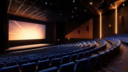 Modern cinema hall with empty seats and a large screen ready for the movie to start.