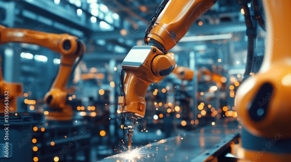 Poster close-up view of robotic arm performing welding in industrial setting