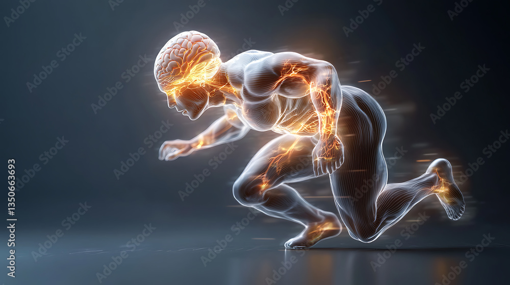 Poster dynamic burst of energy athletic figure with glowing brain effects in motion futuristic environment 