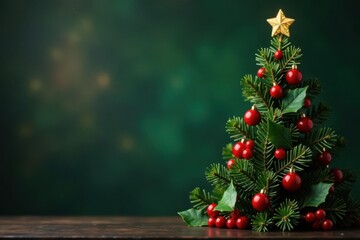 Elegant single-line Christmas tree with mistletoe & holly berries , celebration, graphic, nature