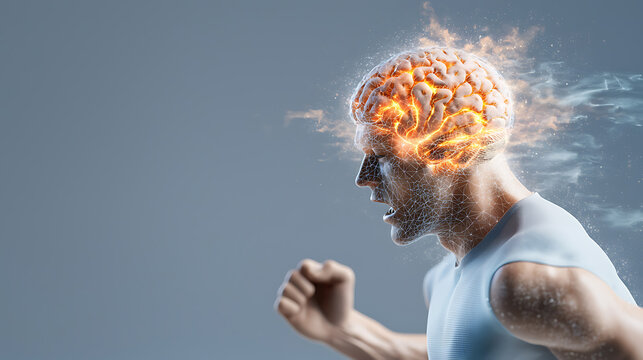 Dynamic athletic figure with glowing brain effects energetic motion abstract art studio setting close-up view mind-body connection