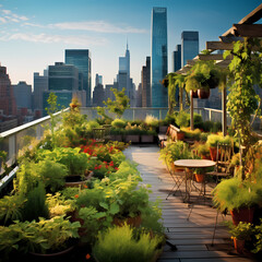 Fototapeta premium Urban rooftop garden with a view of the city 
