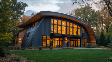 Modern curved house at dusk, illuminated windows, autumn trees.