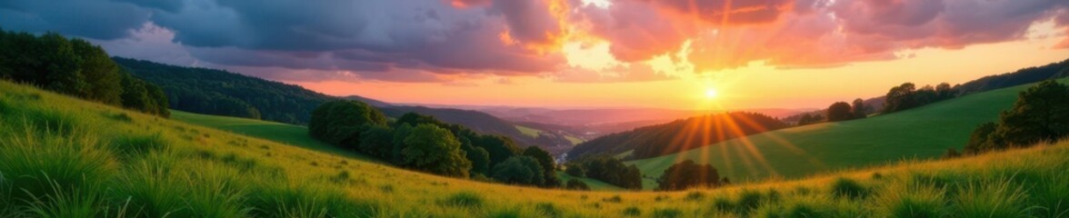 Fototapeta premium Idyllic green valley, lush meadows, colorful sunset sky , hills, clouds