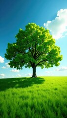Lush green tree dominates sunny field, summer day , field, tree, photography