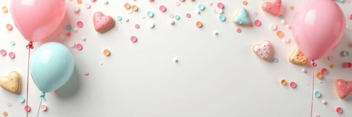 Pastel balloons, brunch pastries, happy birthday banner on white , decor, simple