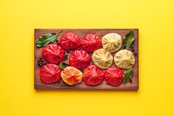 Delicious Colorful Khinkali Dumplings on Wooden Board