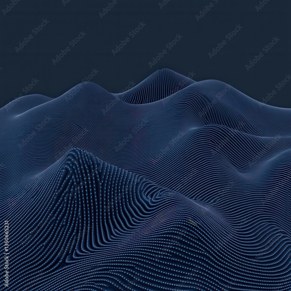 Poster abstract 3d rendering of a dark blue and light blue digital landscape with contour lines and glowing
