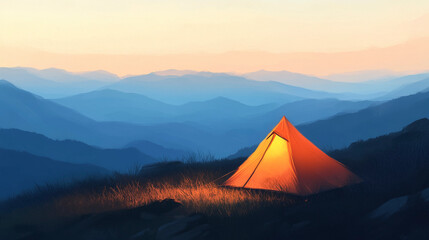 Solitary Orange Tent Overlooking Serene Blue Mountain Landscape
