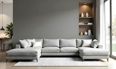 The style is 3D model with octane render volumetric, highly detailed for videogame design. A gray modular sofa with white pillows, a niche with a desk and decorations, and a wooden panel on a gray wal