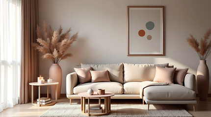 A sophisticated living room interior in a fancy home, featuring a plush designer sofa in soft neutral tones, a bold pink side table.