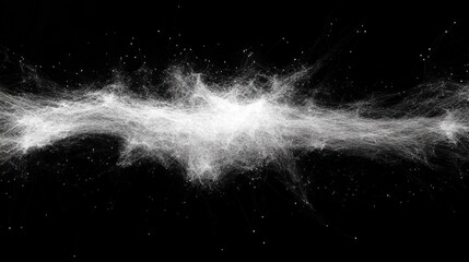 Abstract cosmic dust cloud, glowing white particles on black background. Sparkling effect, ethereal and otherworldly. Ideal for science, technology, and space themes.