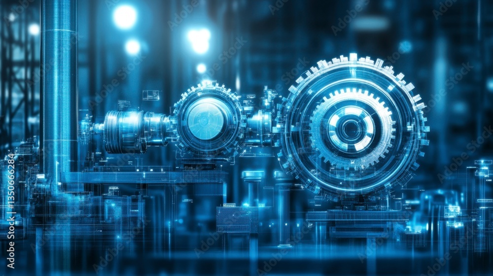 Poster abstract digital gears and machinery in a futuristic industrial setting, illuminated with cool blue 