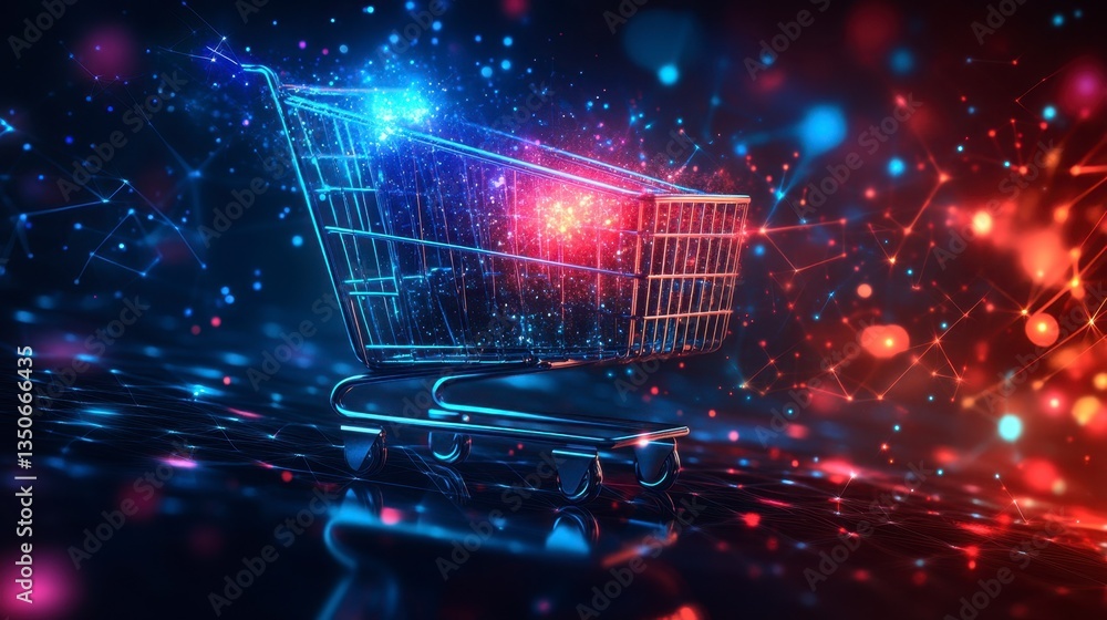 Aufkleber abstract digital shopping cart glowing with blue and red lights against a dark background. digital p