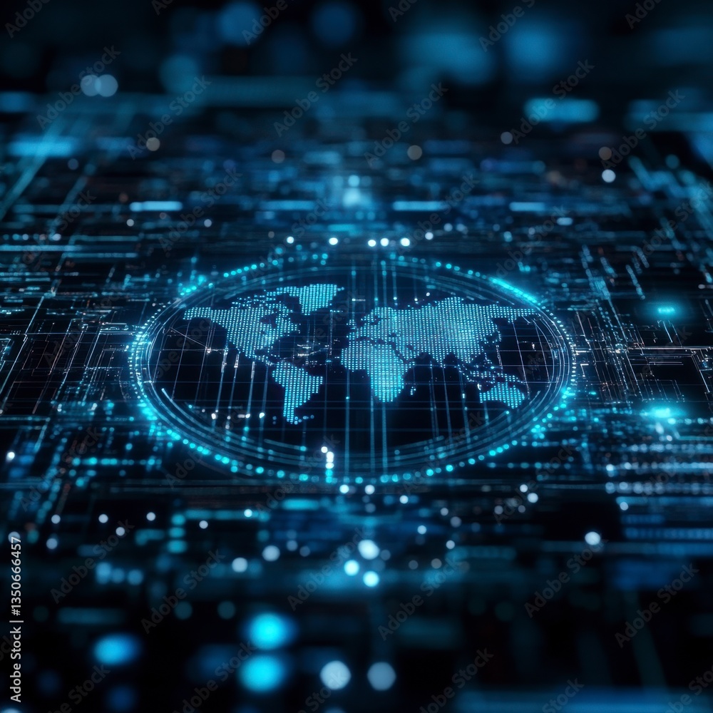 Poster abstract digital world map glowing in blue on dark technological background. futuristic concept of g