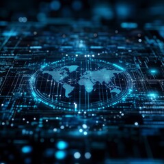 Fototapeta premium Abstract digital world map glowing in blue on dark technological background. Futuristic concept of global network, data visualization, and digital connectivity.