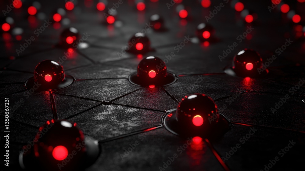 Poster abstract network visualization with glowing red spheres connected by dark, cracked lines on a textur