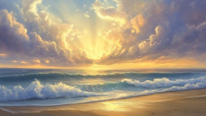 Fototapeta premium Golden Sunset Seascape, Coastal Clouds, Peaceful Waves, Beach Scene