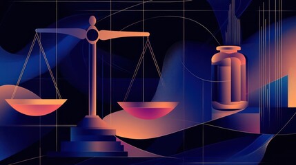 Abstract illustration of scales of justice and a bottle; concept of legal pharmaceutical solutions
