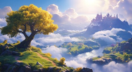 Golden treetop view, fantasy castle, cloudscape