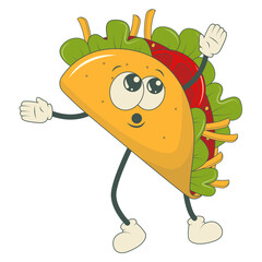 Groovy Tacos Character Isolated on White Background. Vector Cartoon Illustration.