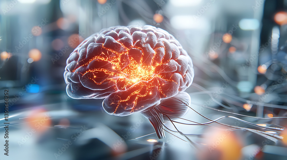 Poster neuroscience breakthrough glowing neuron connections in brain visualization laboratory setting digit