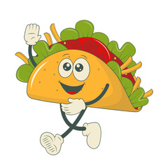 Groovy Tacos Character Isolated on White Background. Vector Cartoon Illustration.