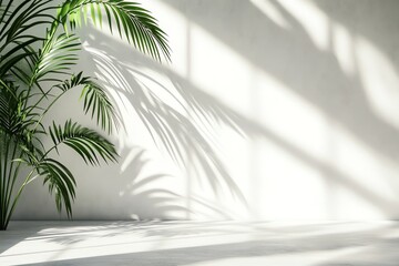 Palm Fronds Casting Shadows on White Wall in Minimalist Interior