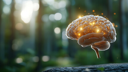 Dynamic brain performance insights forest setting digital art calm environment elevated perspective cognitive metrics visualization for wellness