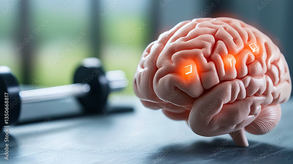 Poster brain with glowing workout metrics overlay representing fitness progress tracking in a gym environme