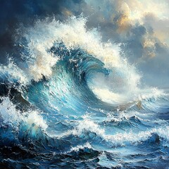 Obraz premium A dramatic oil painting depicting a powerful ocean wave crashing