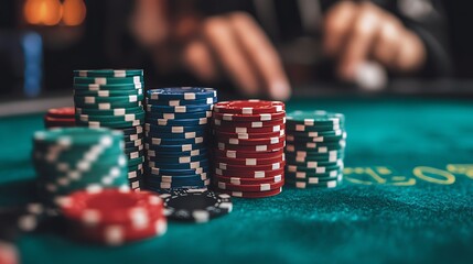Naklejka premium Poker Chips on a Green Felt Table