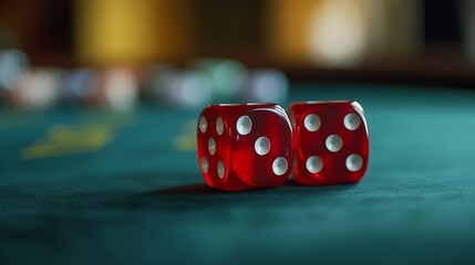 Red Dice on a Green Casino Table: A Close-Up Shot of Two Dice