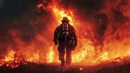 A firefighter stands amidst intense flames ready for action
